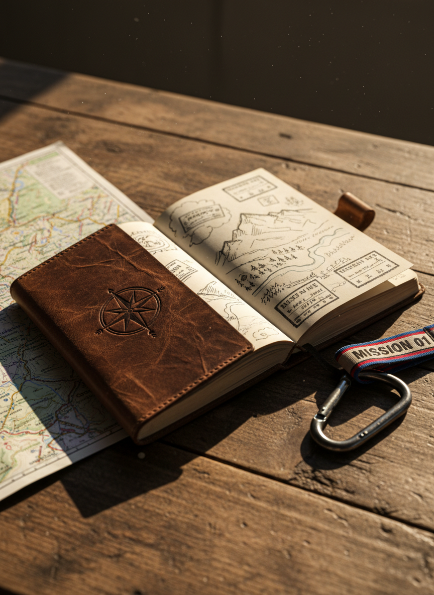 A rugged, weathered leather travel journal with a bold compass emblem pressed into its cover lies open on a rough wooden table, its pages filled with sketched route maps and stamped visas. Around it are scattered a detailed topographic map, a scratched metal carabiner, and a brightly colored fabric wristband labeled “Mission 01.” Harsh golden hour sunlight from an unseen window slashes across the scene, creating strong contrasts and dramatic shadows, emphasizing the textures of leather, paper, and metal. Shot from a slightly elevated, close-up angle with shallow depth of field, the edges fall into a soft blur, enhancing the sense of mystery and adventure. The mood is bold, dynamic, and photographic, suggesting the start of an intense couple’s challenge journey.